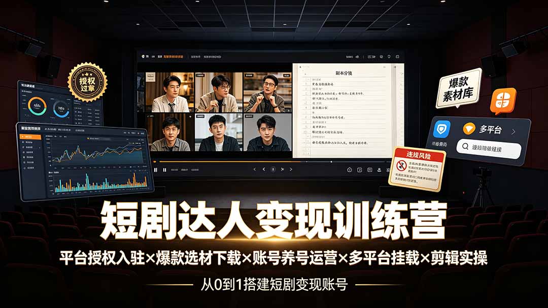 (19551期)短剧达人变现训练营:平台授权入驻×爆款选材下载×账号养号运营×多平台挂载×剪辑实操×违规处理全流程网创吧-网创项目资源站-副业项目-创业项目-搞钱项目网创吧