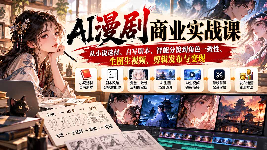 (20811期)AI漫剧商业实战课:从小说选材、自写剧本、智能分镜到角色一致性、生图生视频、剪辑发布与变现网创库-网创项目资源站-副业项目-创业项目-搞钱项目网创吧