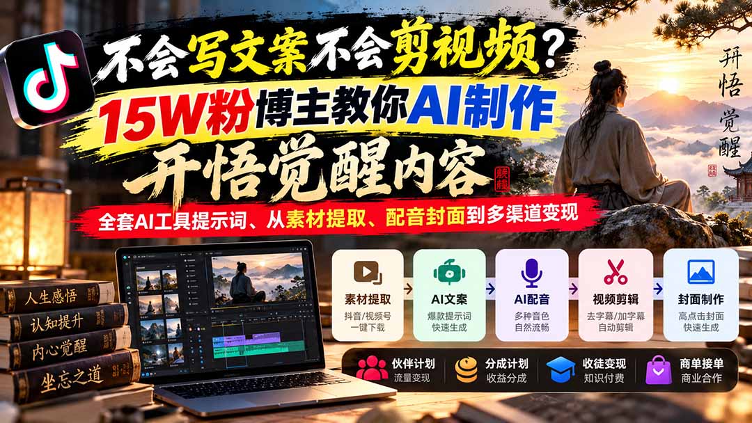 (21085期)不会写文案不会剪视频?15W粉博主教你AI制作开悟觉醒内容,全套AI工具提示词、从素材提取、配音封面到多渠道变现-网创项目资源站-副业项目_创业项目_搞钱项目_网创项目资源平台