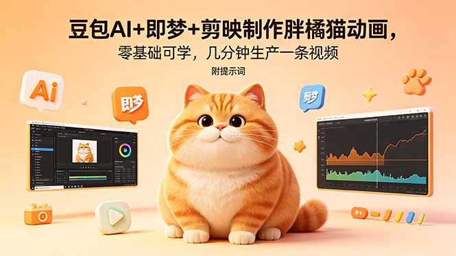（18431期）豆包AI+即梦+剪映制作胖橘猫动画，零基础可学，几分钟生产一条视频，附提示词网创吧-网创项目资源站-副业项目-创业项目-搞钱项目网创吧
