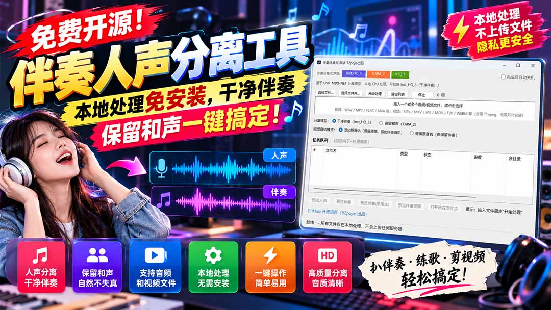 （21198期）免费开源！伴奏人声分离工具，本地处理免安装，干净伴奏，保留和声一键搞定！-网创项目资源站-副业项目_创业项目_搞钱项目_网创项目资源平台