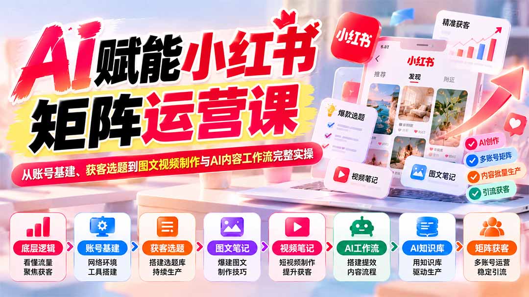 (20822期)AI赋能小红书矩阵运营课:从账号基建、获客选题到图文视频制作与AI内容工作流完整实操网创库-网创项目资源站-副业项目-创业项目-搞钱项目网创吧
