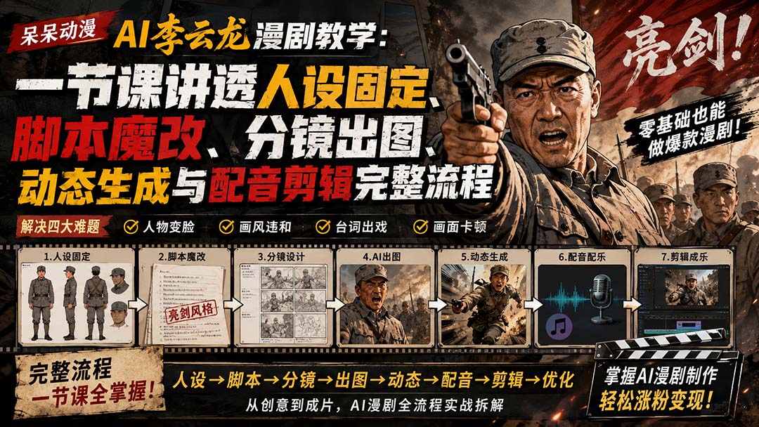 （20107期）呆呆动漫AI李云龙漫剧教学：一节课讲透人设固定、脚本魔改、分镜出图、动态生成与配音剪辑完整流程网创吧-网创项目资源站-副业项目-创业项目-搞钱项目网创吧
