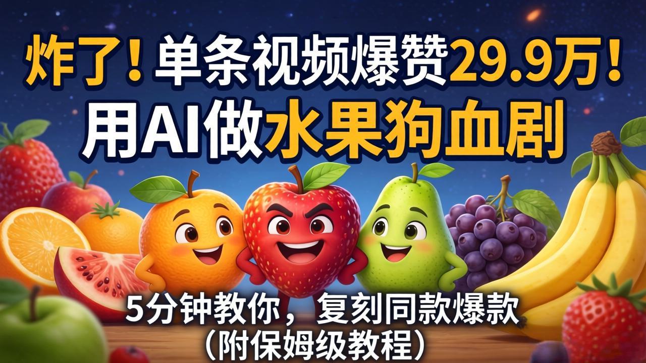 (18206期)炸了!单条视频爆赞 29.9 万!用 AI 做水果狗血剧,5 分钟教你,复刻同款爆款(附保姆级教程)