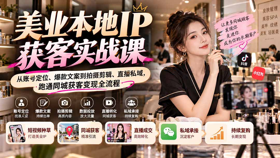 （20640期）【无水印】美业本地IP获客实战课：从账号定位、爆款文案到拍摄剪辑、直播私域，跑通同城获客变现全流程网创吧-网创项目资源站-副业项目-创业项目-搞钱项目网创吧