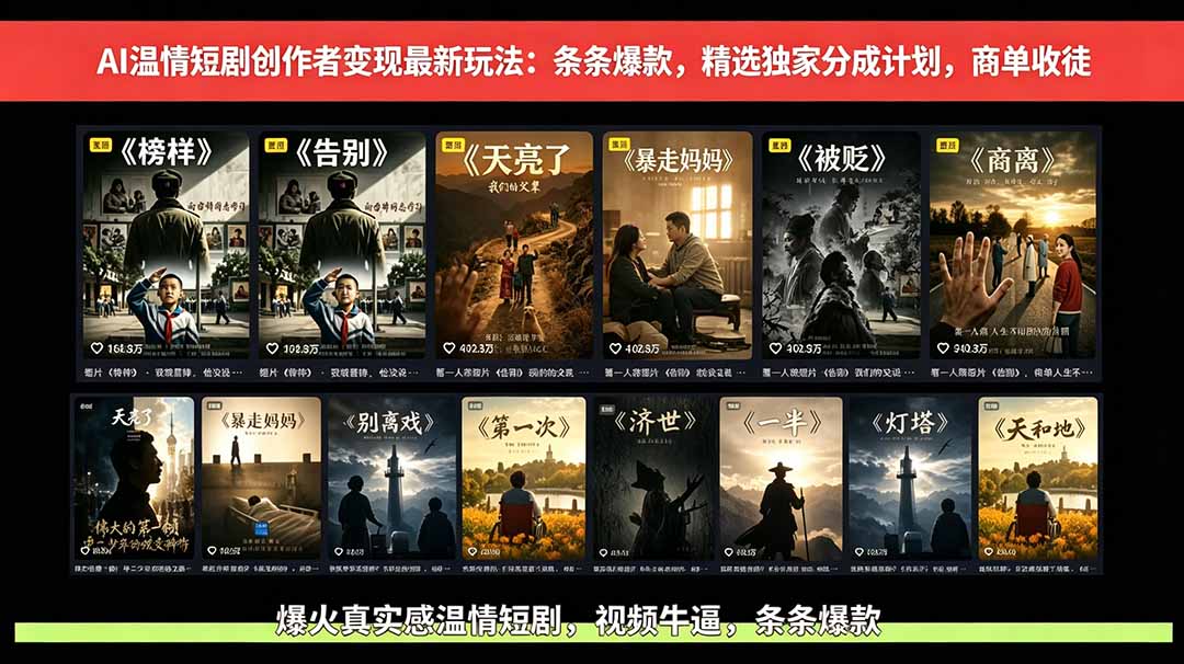 （18748期）AI温情短剧创作者变现玩法-更新0606：视频牛逼，条条爆款，精选独家分成计划，商单收徒网创吧-网创项目资源站-副业项目-创业项目-搞钱项目网创吧