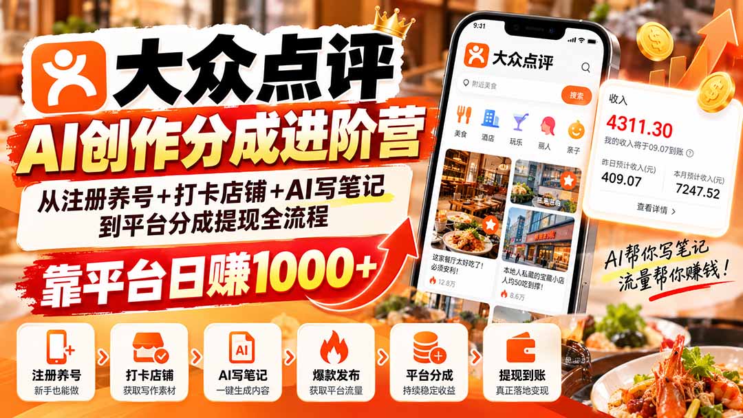 （20759期）大众点评AI创作分成进阶营：从注册养号+打卡店铺+AI写笔记到平台分成提现全流程，靠平台日赚1000+网创库-网创项目资源站-副业项目-创业项目-搞钱项目网创吧