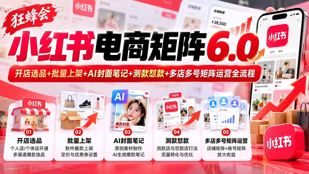 （20732期）【无水印】狂蜂会小红书电商矩阵6.0：开店选品+批量上架+AI封面笔记+测款怼款+多店多号矩阵运营全流程网创库-网创项目资源站-副业项目-创业项目-搞钱项目网创吧