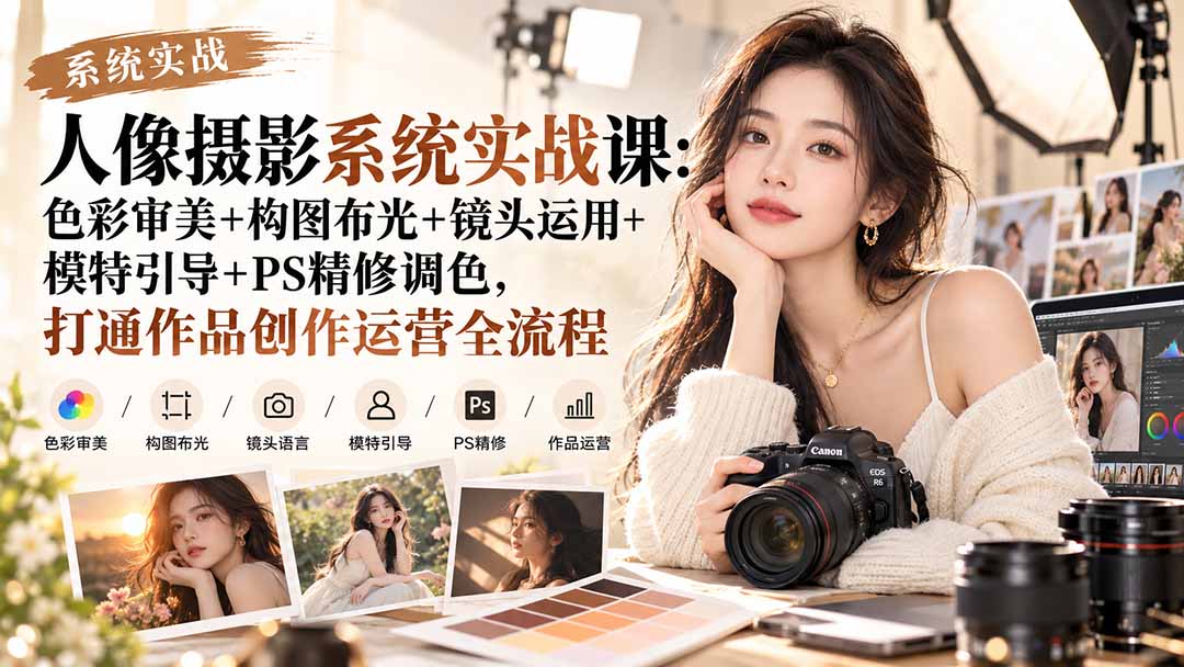 (20623期)【无水印】人像摄影系统实战课:色彩审美+构图布光+镜头运用+模特引导+PS精修调色,打通作品创作运营全流程网创吧-网创项目资源站-副业项目-创业项目-搞钱项目网创吧