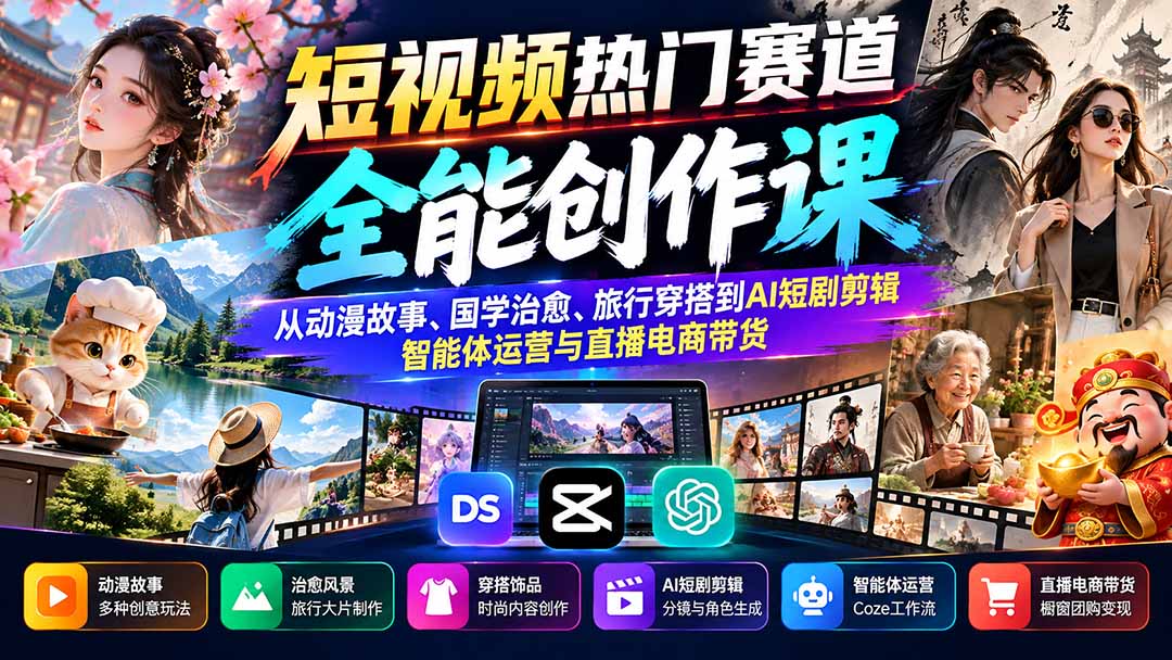(20956期)短视频热门赛道全能创作课:从动漫故事、国学治愈、旅行穿搭到AI短剧剪辑、智能体运营与直播电商带货-网创项目资源站-副业项目_创业项目_搞钱项目_网创项目资源平台
