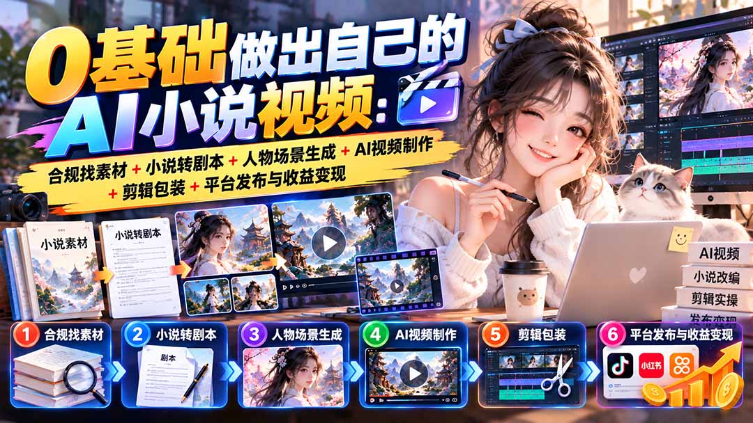 (20741期)0基础做出自己的AI小说视频:合规找素材+小说转剧本+人物场景生成+AI视频制作+剪辑包装+平台发布与收益变现网创库-网创项目资源站-副业项目-创业项目-搞钱项目网创吧
