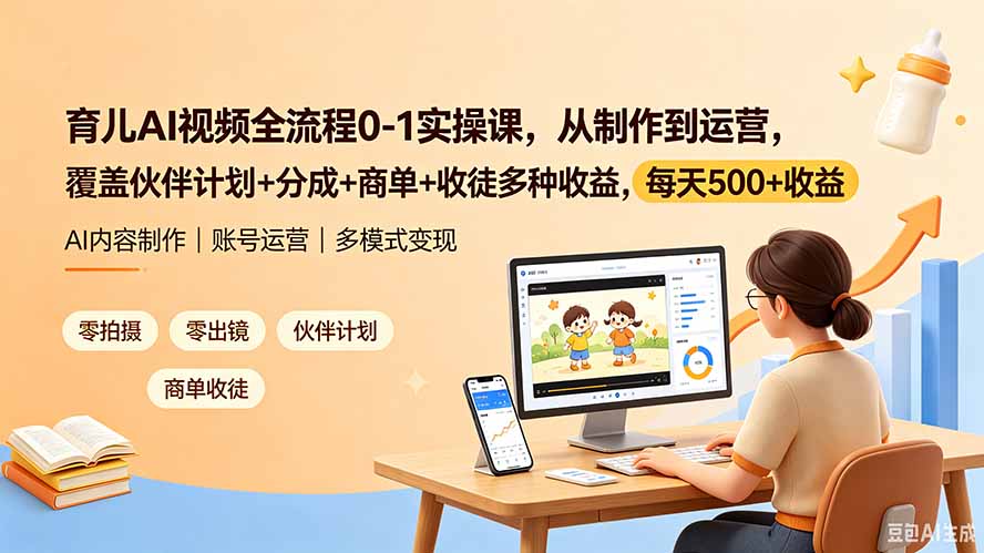 (19236期)育儿AI视频全流程0-1实操课,从制作到运营,覆盖伙伴计划+分成+商单+收徒多种收益,每天500+收益
