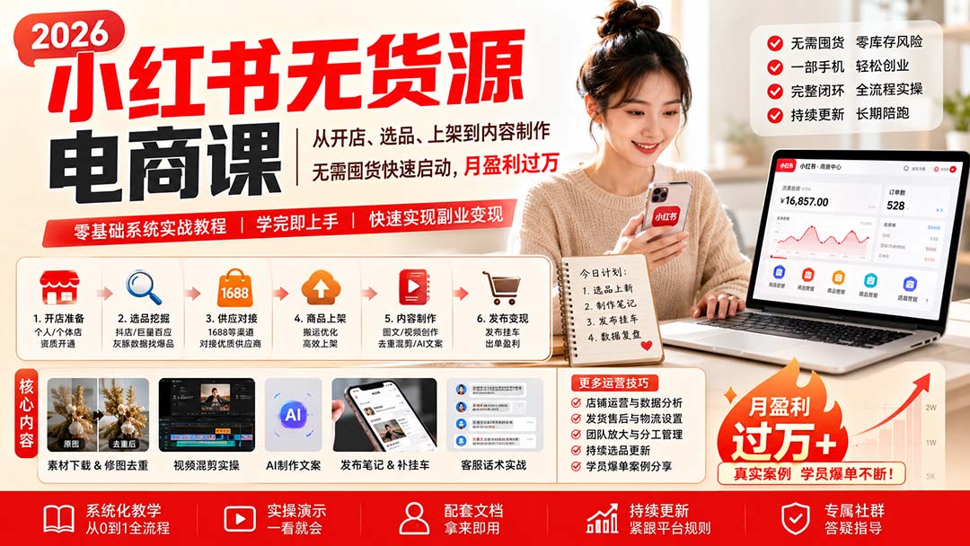 (20509期)小红书无货源电商课(9月16更新):从开店、选品、上架到内容制作,无需囤货,0粉快速启动,月盈利过万网创吧-网创项目资源站-副业项目-创业项目-搞钱项目网创吧