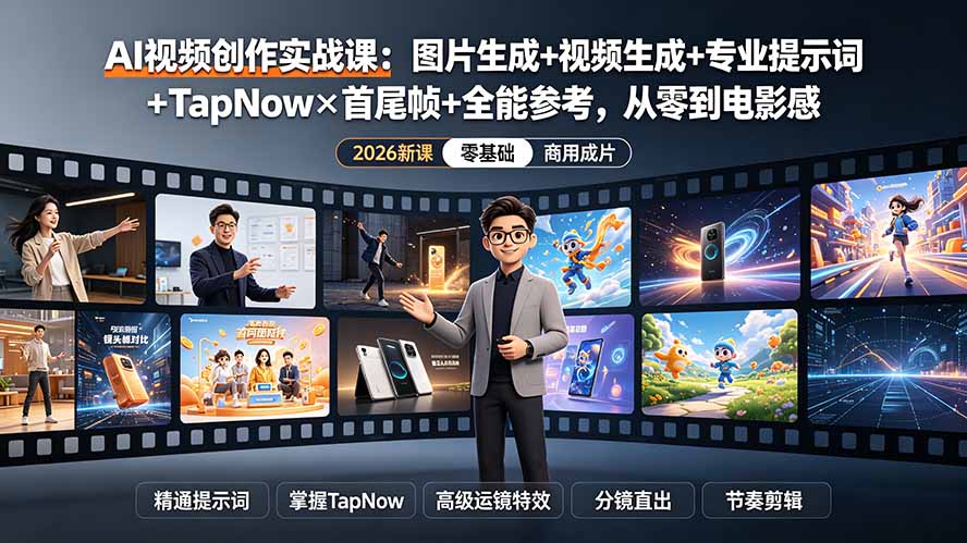 (19383期)AI视频创作实战课:图片生成+视频生成+专业提示词+TapNow×首尾帧+全能参考,从零到电影感成片网创吧-网创项目资源站-副业项目-创业项目-搞钱项目网创吧