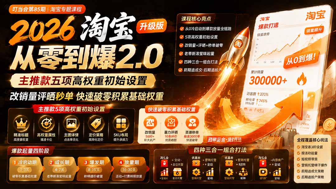 (19742期)2026淘宝从零到爆2.0第85期;主推款五项高权重初始设置,改销量评晒秒单快速破零积累基础权重网创吧-网创项目资源站-副业项目-创业项目-搞钱项目网创吧