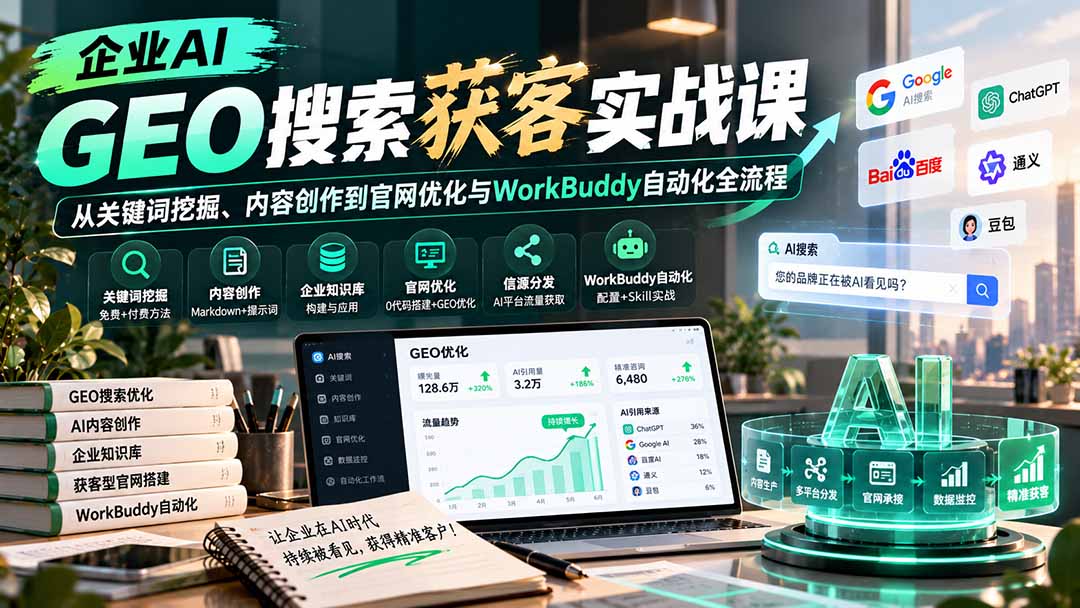（20643期）企业AI GEO搜索获客实战课：从关键词挖掘、内容创作到官网优化与WorkBuddy自动化全流程网创吧-网创项目资源站-副业项目-创业项目-搞钱项目网创吧