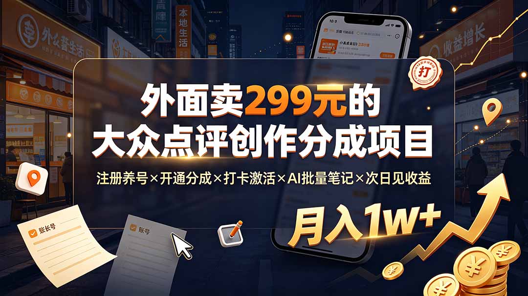 (19488期)外面卖299元的大众点评创作分成项目:注册养号×开通分成×打卡激活×AI批量笔记×次日见收益,月入1w+