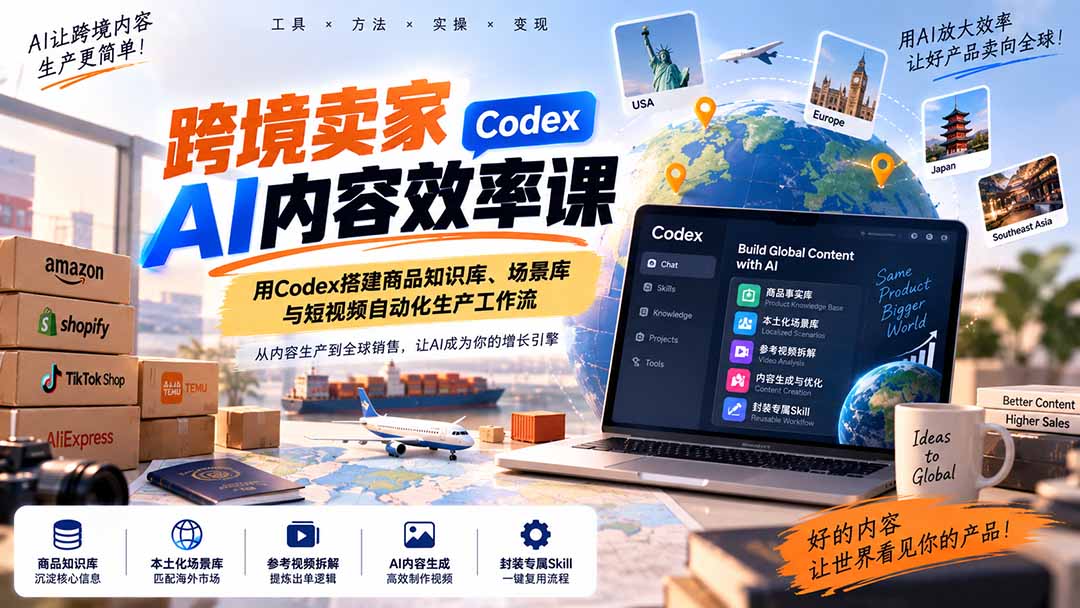 （20595期）跨境卖家AI内容效率课：用Codex搭建商品知识库、场景库与短视频自动化生产工作流网创吧-网创项目资源站-副业项目-创业项目-搞钱项目网创吧