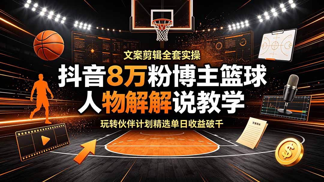 （19135期）抖音8万粉博主篮球人物解说教学，文案剪辑全套实操，玩转伙伴计划精选单日收益破千网创吧-网创项目资源站-副业项目-创业项目-搞钱项目网创吧