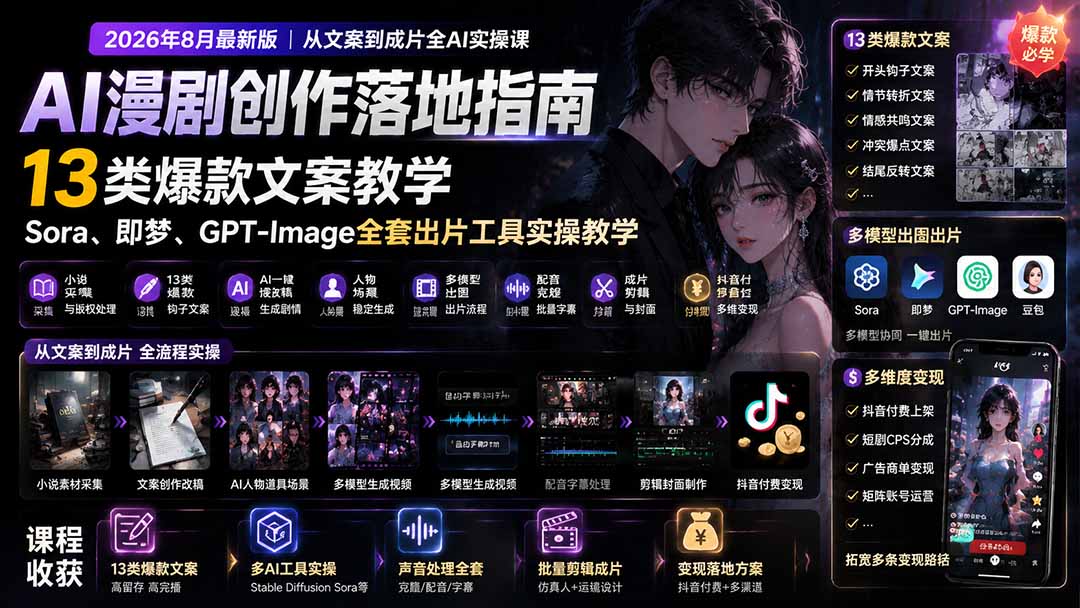 (19691期)AI漫剧创作落地指南|13类爆款文案教学,Sora、即梦、GPT-Image全套出片工具实操教学网创吧-网创项目资源站-副业项目-创业项目-搞钱项目网创吧