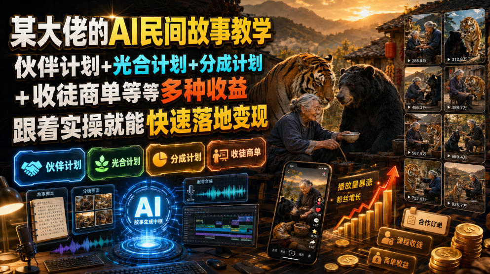 (19360期)某大佬的AI民间故事教学,伙伴计划+光合计划+分成计划+收徒商单等多种收益,跟着实操就能快速落地变现网创库-网创项目资源站-副业项目-创业项目-搞钱项目网创吧