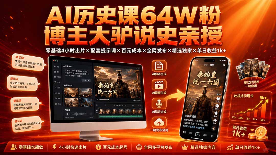 (19557期)AI历史课64W粉博主大驴说史亲授:零基础4小时出片×配套提示词×百元成本×全网发布×精选独家×单日收益1k+网创吧-网创项目资源站-副业项目-创业项目-搞钱项目网创吧