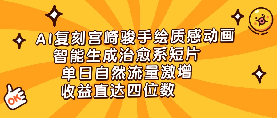 AI复刻宫崎骏手绘质感动画，智能生成治愈系短片，单日自然流量激增，收益直达四位数网创吧-网创项目资源站-副业项目-创业项目-搞钱项目网创吧