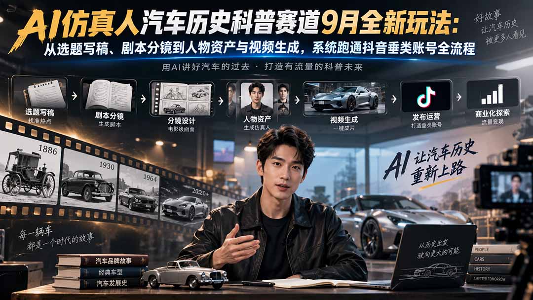 (20413期)AI仿真人汽车历史科普赛道9月全新玩法:从选题写稿、剧本分镜到人物资产与视频生成,系统跑通抖音垂类账号全流程
