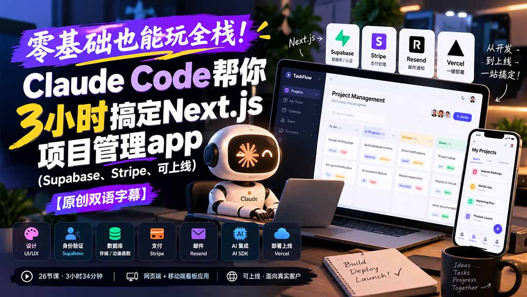 (20907期)零基础也能玩全栈!Claude Code帮你3小时搞定Next.js项目管理app(Supabase、Stripe、可上线)【原创双语字幕】-网创项目资源站-副业项目_创业项目_搞钱项目_网创项目资源平台