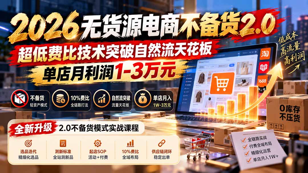 (21045期)2026无货源电商不备货2.0【更新1019】:超低费比技术突破自然流天花板,单店月利润1-3万元-网创项目资源站-副业项目_创业项目_搞钱项目_网创项目资源平台