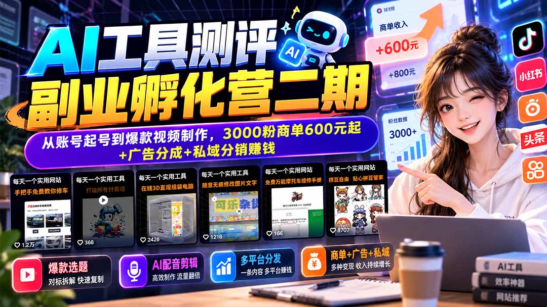 (20800期)AI工具测评副业孵化营二期:从账号起号到爆款视频制作,3000粉商单600元起+广告分成+私域分销赚钱网创库-网创项目资源站-副业项目-创业项目-搞钱项目网创吧