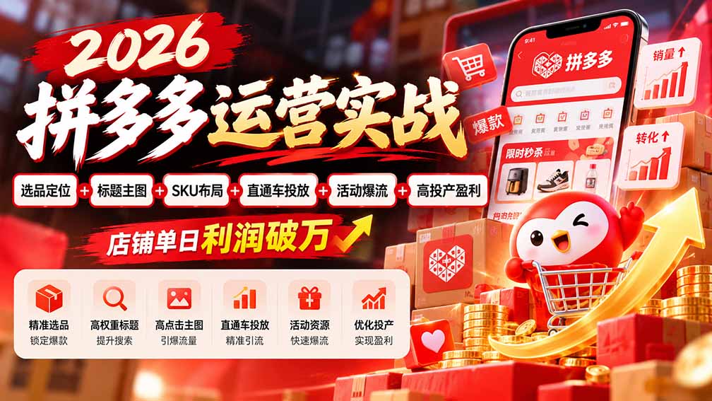 （20778期）2026拼多多运营实战-更新1002：选品定位+标题主图+SKU布局+直通车投放+活动爆流+高投产盈利 店铺单日利润破万网创库-网创项目资源站-副业项目-创业项目-搞钱项目网创吧