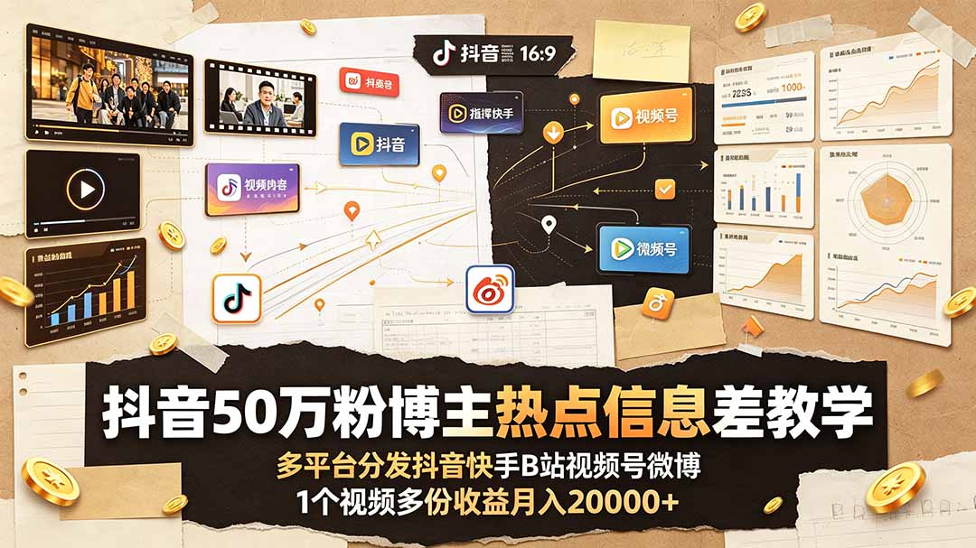 （19145期）抖音50万粉博主热点信息差教学：多平台分发抖音快手B站视频号微博，1个视频多份收益月入20000+网创库-网创项目资源站-副业项目-创业项目-搞钱项目网创吧