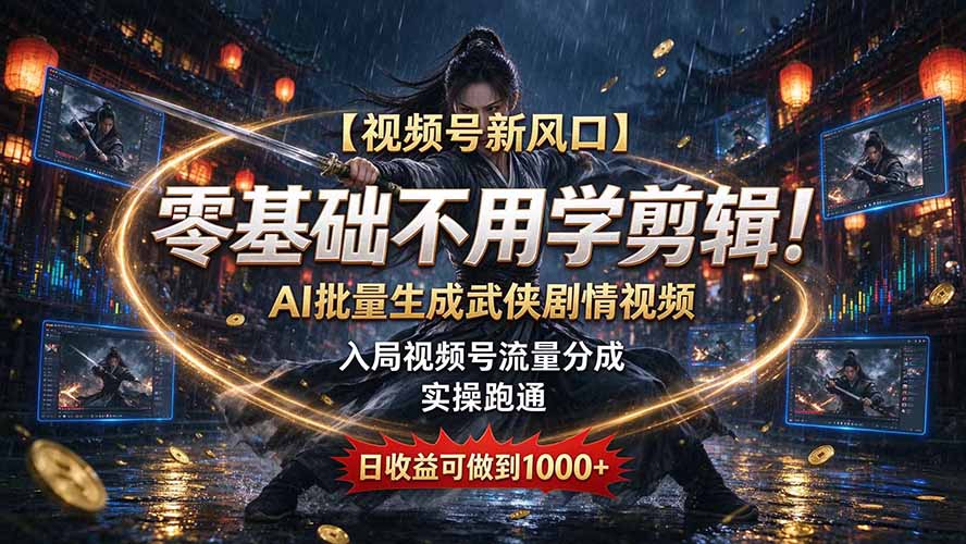 (20780期)【视频号新风口】零基础不用学剪辑!AI 批量生成武侠剧情视频,入局视频号流量分成,实操跑通,日收益可做到 1000+网创库-网创项目资源站-副业项目-创业项目-搞钱项目网创吧