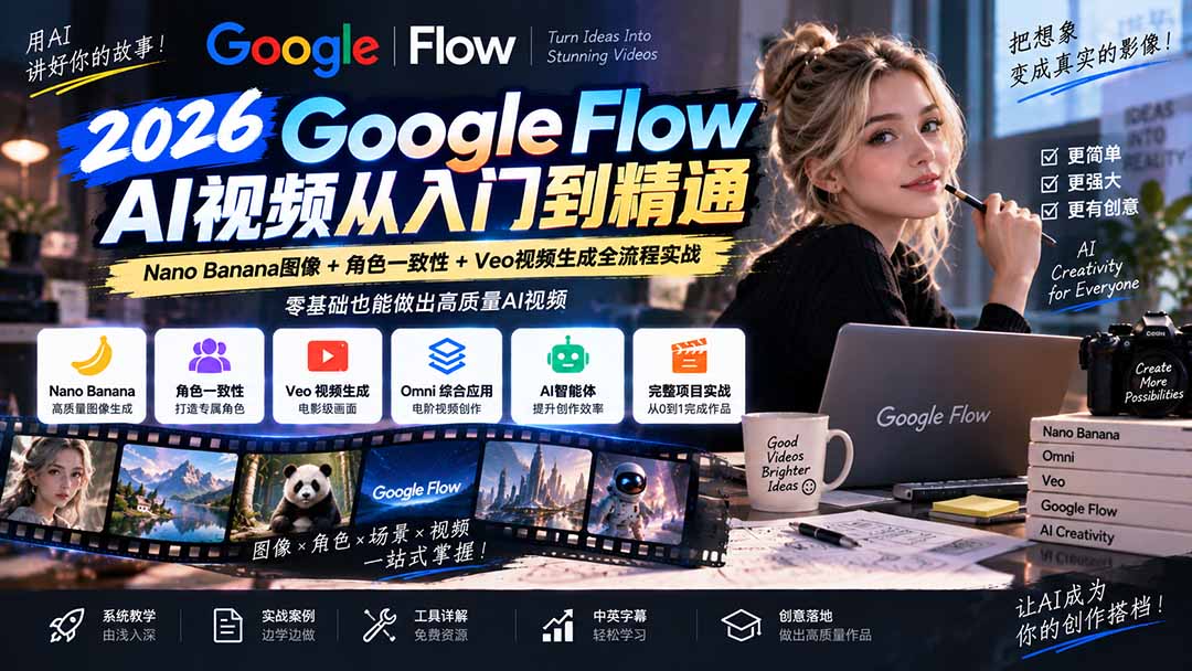 (20609期)【无水印】Google Flow AI视频从入门到精通:Nano Banana图像+角色一致性+Veo视频生成全流程实战-精翻中英字幕网创吧-网创项目资源站-副业项目-创业项目-搞钱项目网创吧