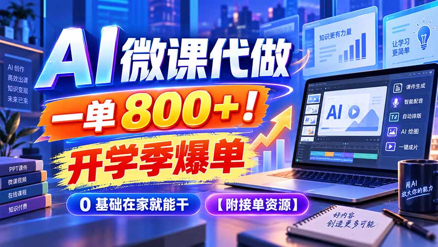 (20605期)AI 微课代做,一单 800+!开学季爆单,0 基础在家就能干【附接单资源】网创吧-网创项目资源站-副业项目-创业项目-搞钱项目网创吧