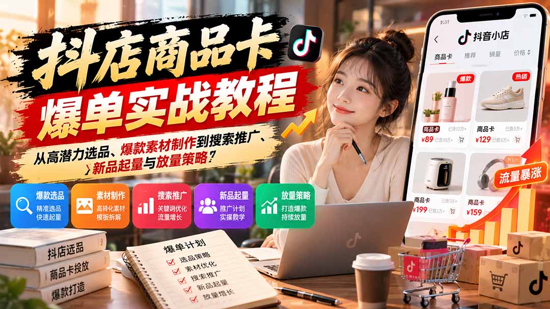 （21148期）抖店商品卡爆单实战教程：从高潜力选品、爆款素材制作到搜索推广、新品起量与放量策略-网创项目资源站-副业项目_创业项目_搞钱项目_网创项目资源平台