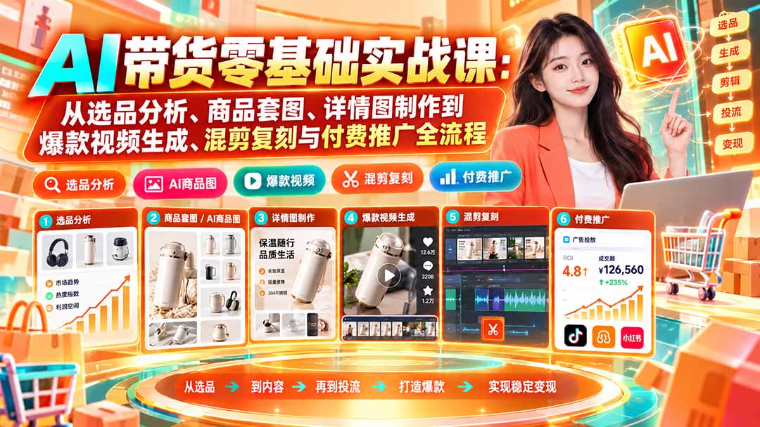 （20856期）AI带货零基础实战课：从选品分析、商品套图、详情图制作到爆款视频生成、混剪复刻与付费推广全流程网创库-网创项目资源站-副业项目-创业项目-搞钱项目网创吧