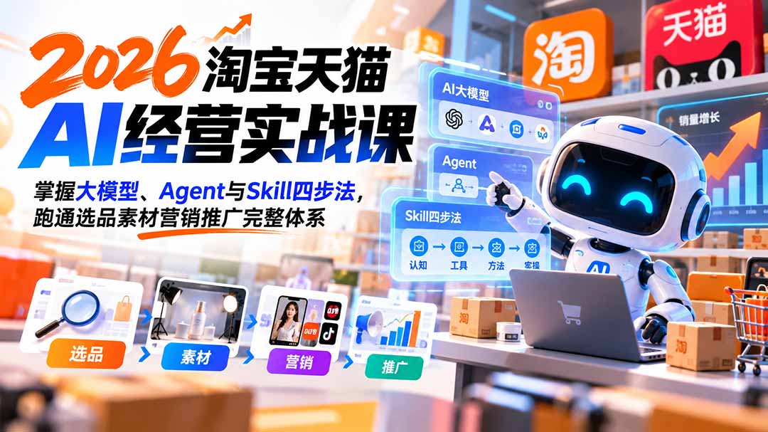 (20676期)【无水印】2026淘宝天猫AI经营实战课:掌握大模型、Agent与Skill四步法,跑通选品素材营销推广完整体系网创吧-网创项目资源站-副业项目-创业项目-搞钱项目网创吧