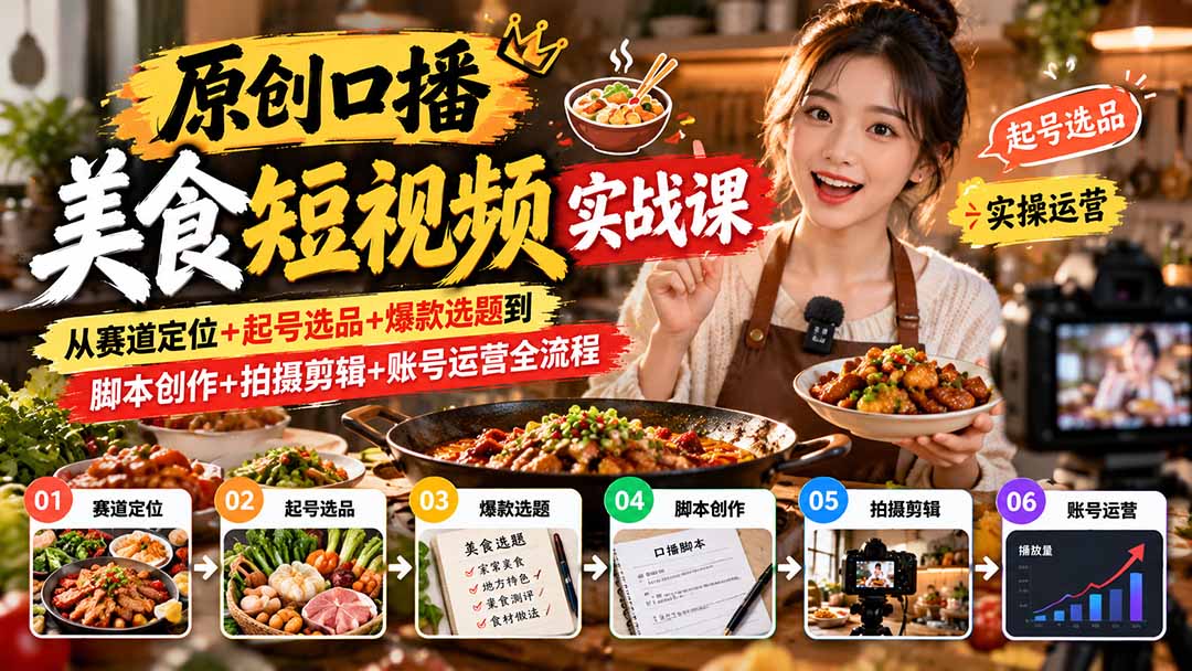 (20786期)原创口播美食短视频实战课:从赛道定位+起号选品+爆款选题到脚本创作+拍摄剪辑+账号运营全流程网创库-网创项目资源站-副业项目-创业项目-搞钱项目网创吧