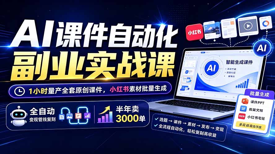 （19518期）AI课件自动化副业实战课：1小时量产全套原创课件×小红书素材批量生成×全自动变现管线×半年卖3000单网创吧-网创项目资源站-副业项目-创业项目-搞钱项目网创吧