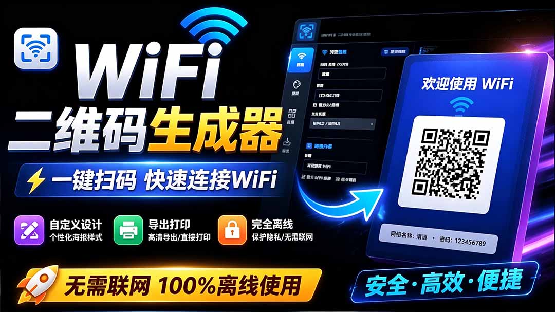 (19566期)完全离线使用!WiFi二维码生成器,一键扫码快速连接WiFi,支持自定义风格导出 WiFi二维码生成器