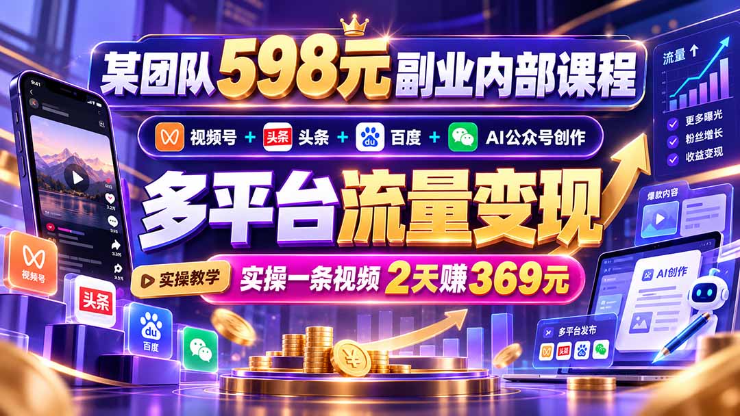 （21238期）某团队598元副业内部课程：视频号+头条+百度+AI公众号创作、多平台流量变现，实操一条视频2天赚369元-网创项目资源站-副业项目_创业项目_搞钱项目_网创项目资源平台