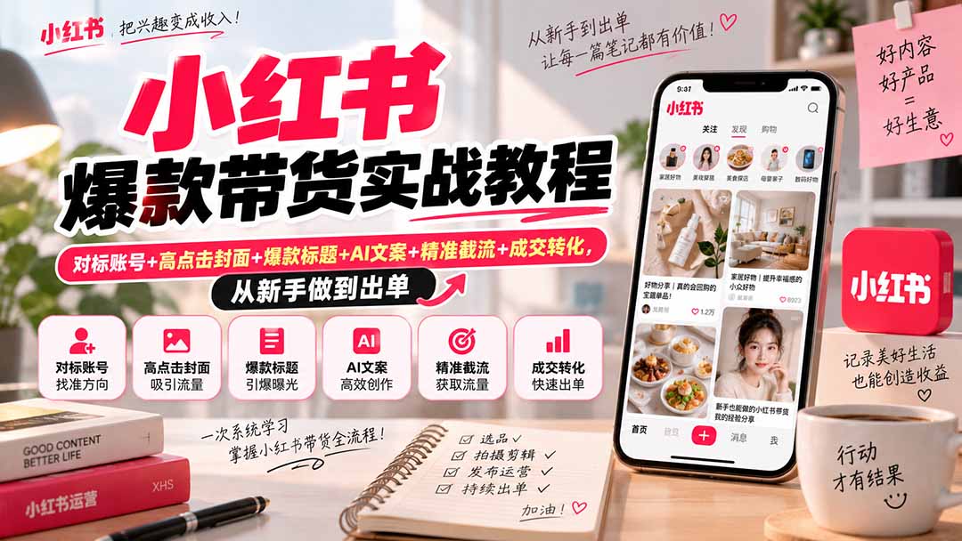 （20473期）小红书爆款带货实战教程｜对标账号+高点击封面+爆款标题+AI文案+精准截流+成交转化，从新手做到出单网创吧-网创项目资源站-副业项目-创业项目-搞钱项目网创吧