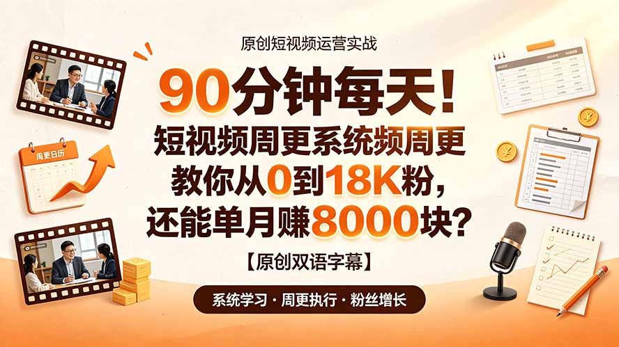 (19265期)90 分钟每天!短视频周更系统教你从 0 到 18K 粉,还能单月赚 8000 块?【原创双语字幕】
