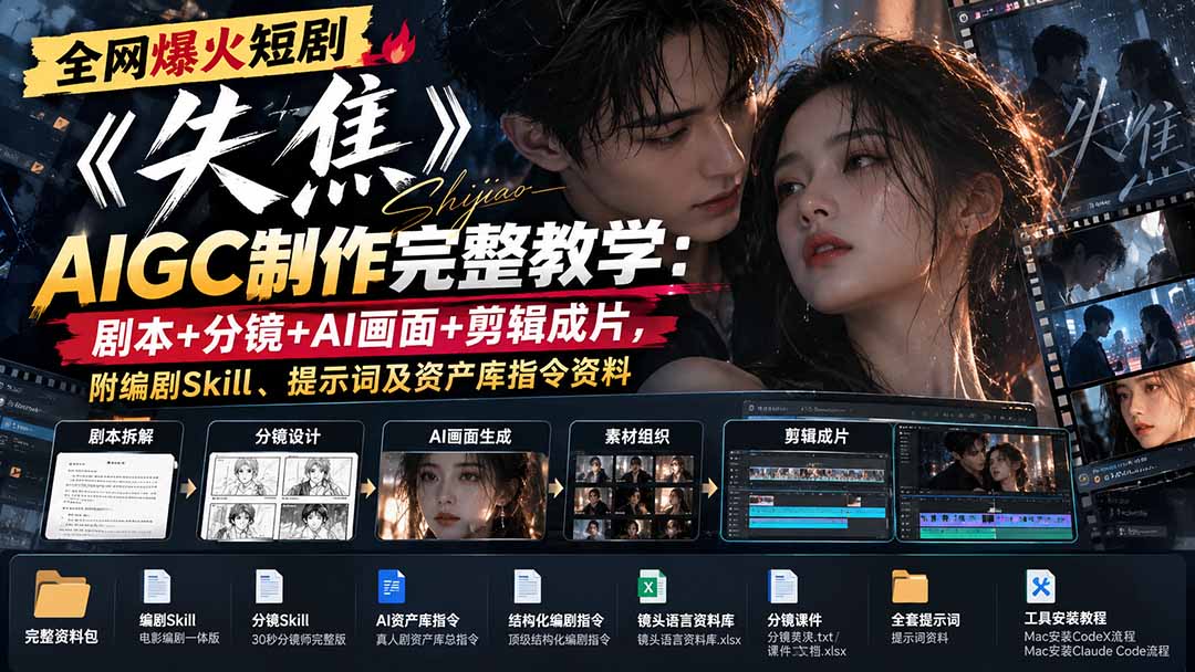 （20805期）全网爆火短剧《失焦》AIGC制作完整教学：剧本+分镜+AI画面+剪辑成片，附编剧Skill、提示词及资产库指令资料网创库-网创项目资源站-副业项目-创业项目-搞钱项目网创吧