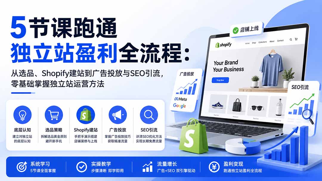 (20216期)5节课跑通独立站盈利全流程:从选品、Shopify建站到广告投放与SEO引流,零基础掌握独立站运营方法