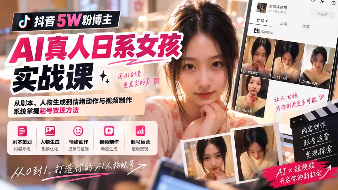 （20387期）抖音5W粉博主AI真人日系女孩实战课：从剧本、人物生成到情绪动作与视频制作，系统掌握起号变现方法网创吧-网创项目资源站-副业项目-创业项目-搞钱项目网创吧