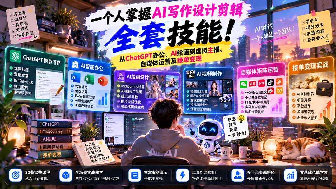 (21029期)一个人掌握AI写作设计剪辑全套技能:从ChatGPT办公、AI绘画到虚拟主播、自媒体运营及接单变现-网创项目资源站-副业项目_创业项目_搞钱项目_网创项目资源平台