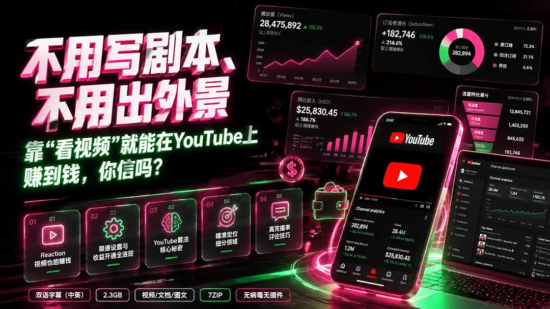 （19646期）不用写剧本、不用出外景——靠”看视频”就能在YouTube上赚到钱，你信吗？【原创双语字幕】网创吧-网创项目资源站-副业项目-创业项目-搞钱项目网创吧